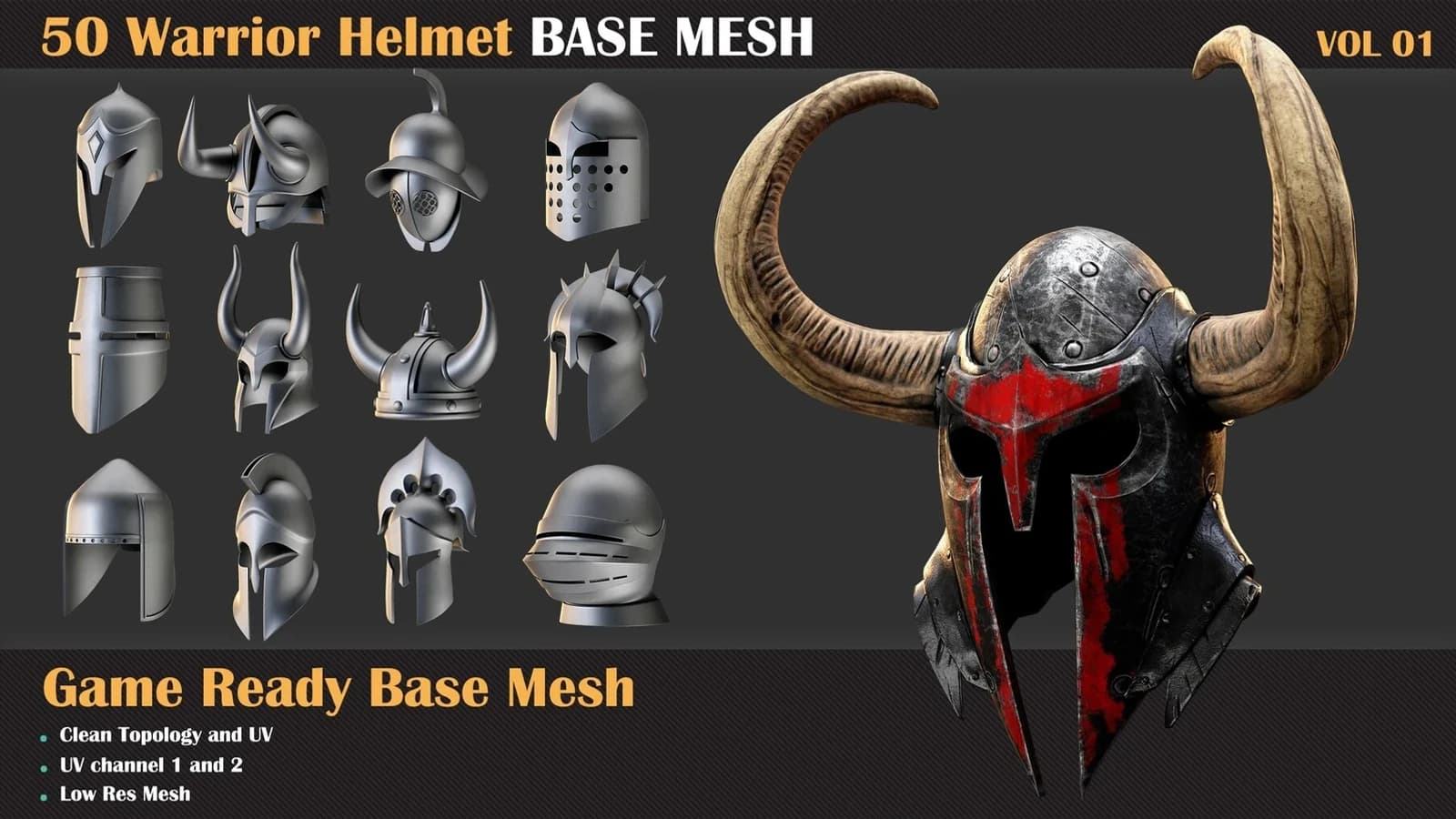 50 Warrior Helmet Base Mesh — VOL 01 ( Game Ready )