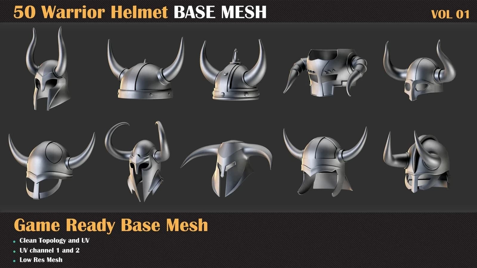 50 Warrior Helmet Base Mesh — VOL 01 ( Game Ready ) — preview 3