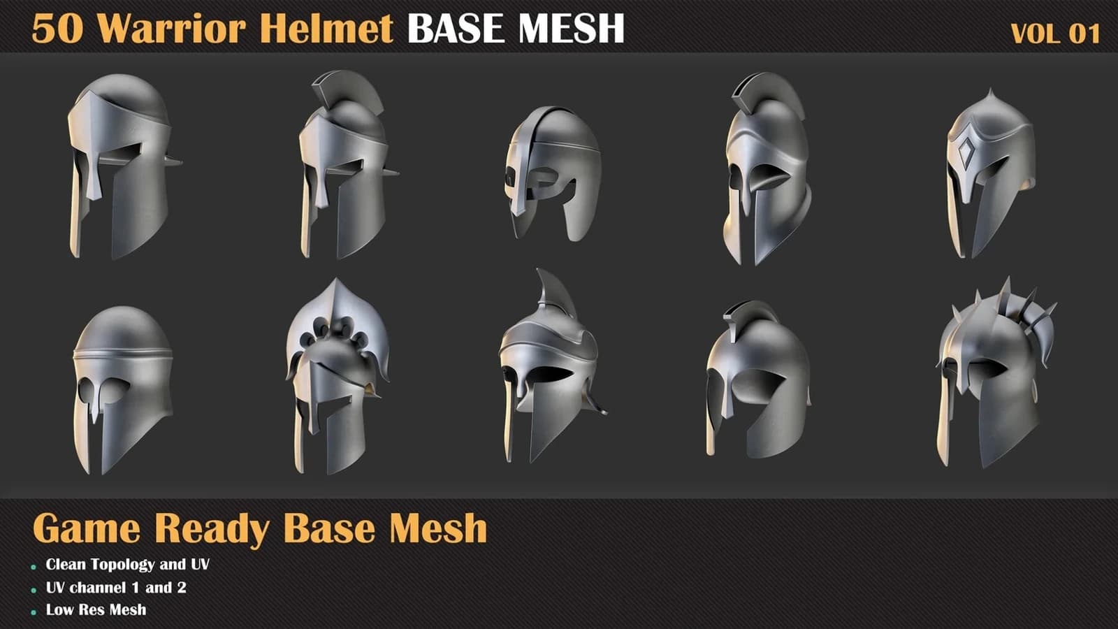 50 Warrior Helmet Base Mesh — VOL 01 ( Game Ready ) — preview 4