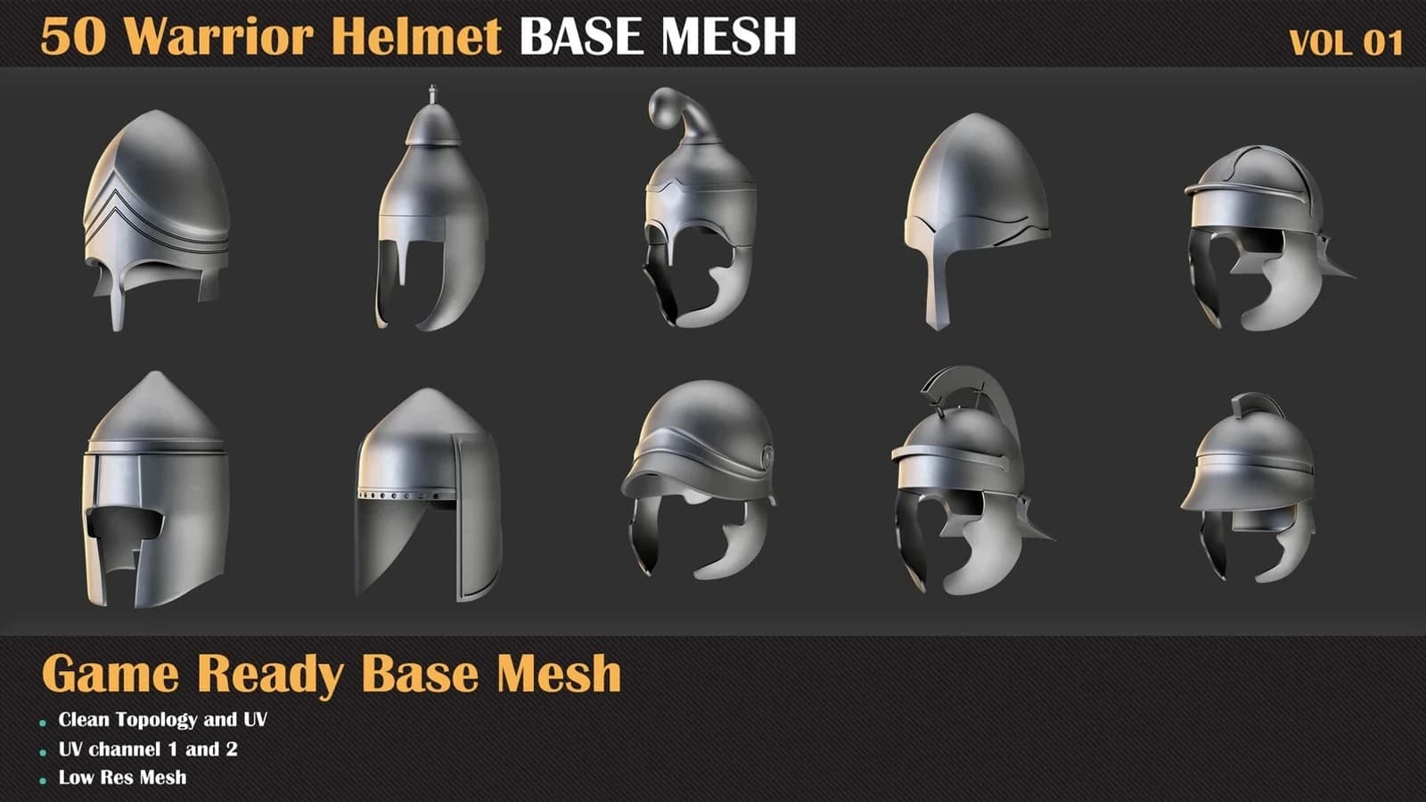50 Warrior Helmet Base Mesh — VOL 01 ( Game Ready ) — preview 6