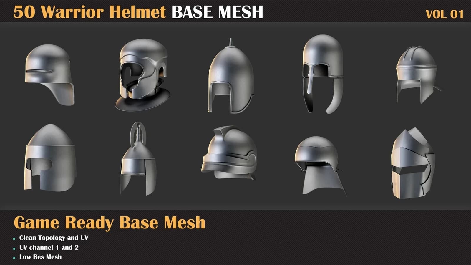 50 Warrior Helmet Base Mesh — VOL 01 ( Game Ready ) — preview 7