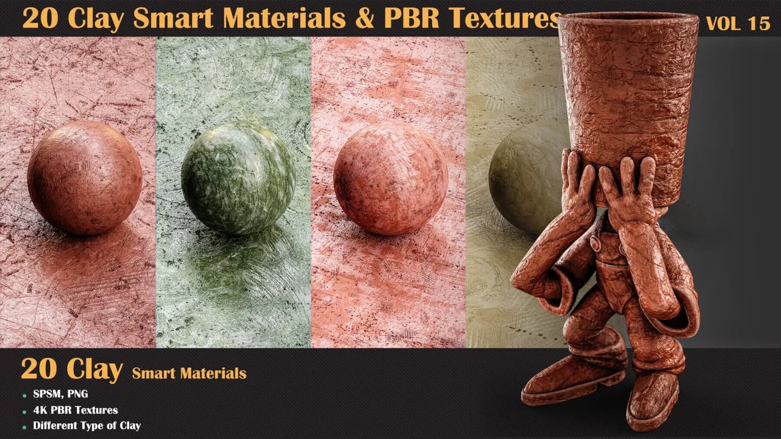 20 Clay Smart Materials & PBR Textures — VOL 15 (Commercial Licence)